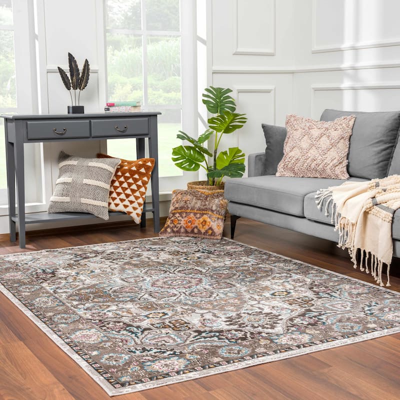 Hauteloom Mardin Oriental Persian Traditional Area Rug - 6'7" x 9' - Off White, Light Blue, Mustard, Brown, Pink
