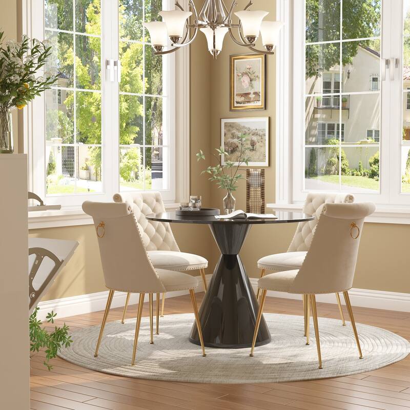 48" Light Luxury Black High Gloss Large Countertop Dining Table with Velvet Dining Chair Set