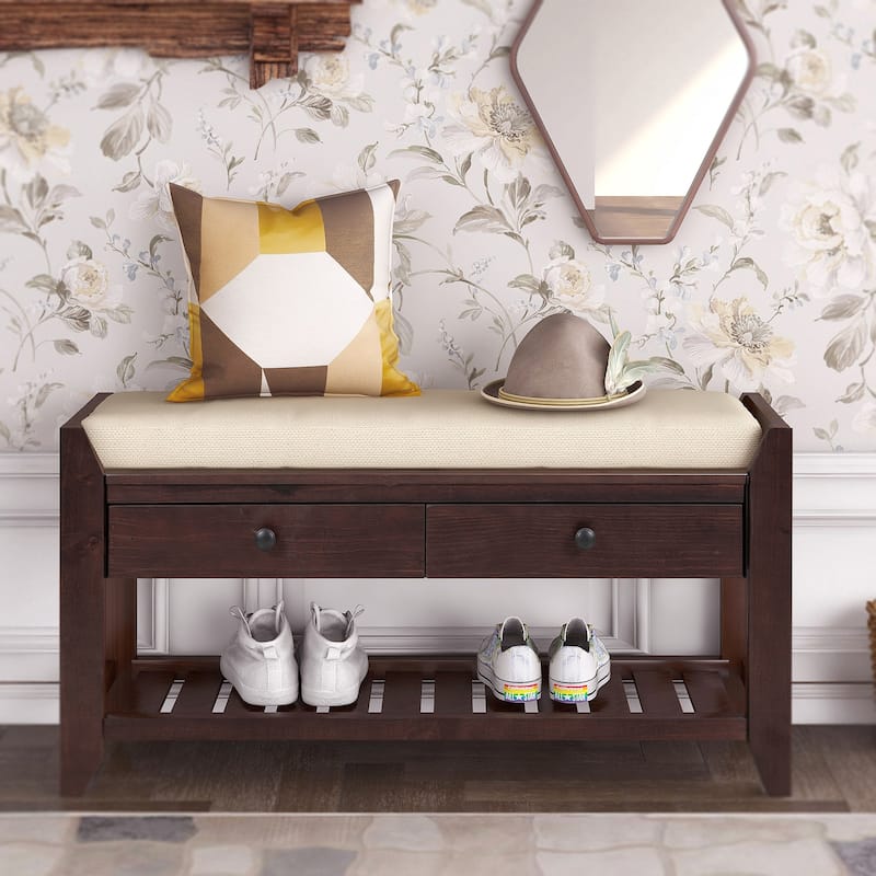 43" Entryway Storage Bench Shoe Rack with Cushioned Seat and Drawers - Espresso