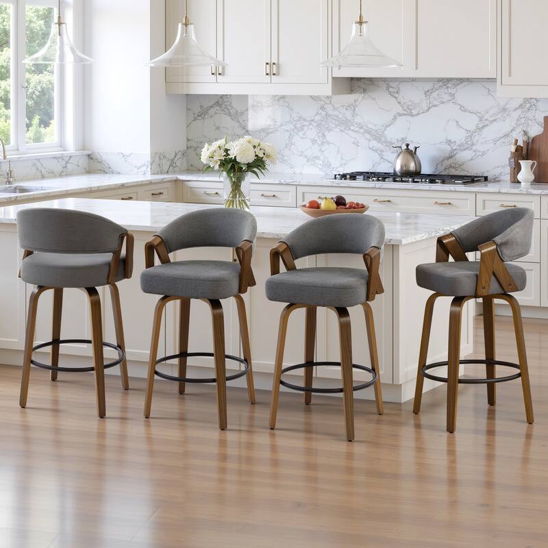Upholstered Swivel Bar Stool/ Counter Stools with Curved Back - 37.5"H x 20.9"W x 19.9"D - Set of 4 - Grey-Polyester