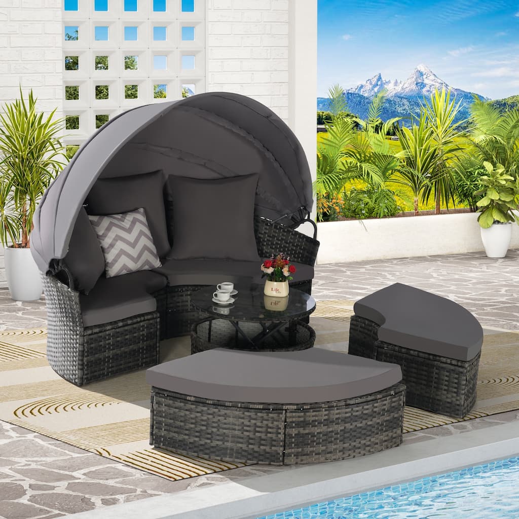 5 Pieces Outdoor Patio Round Daybed Furniture,Wicker Conversation Set with Retractable Canopy, Soft Cushions, and Storable Table