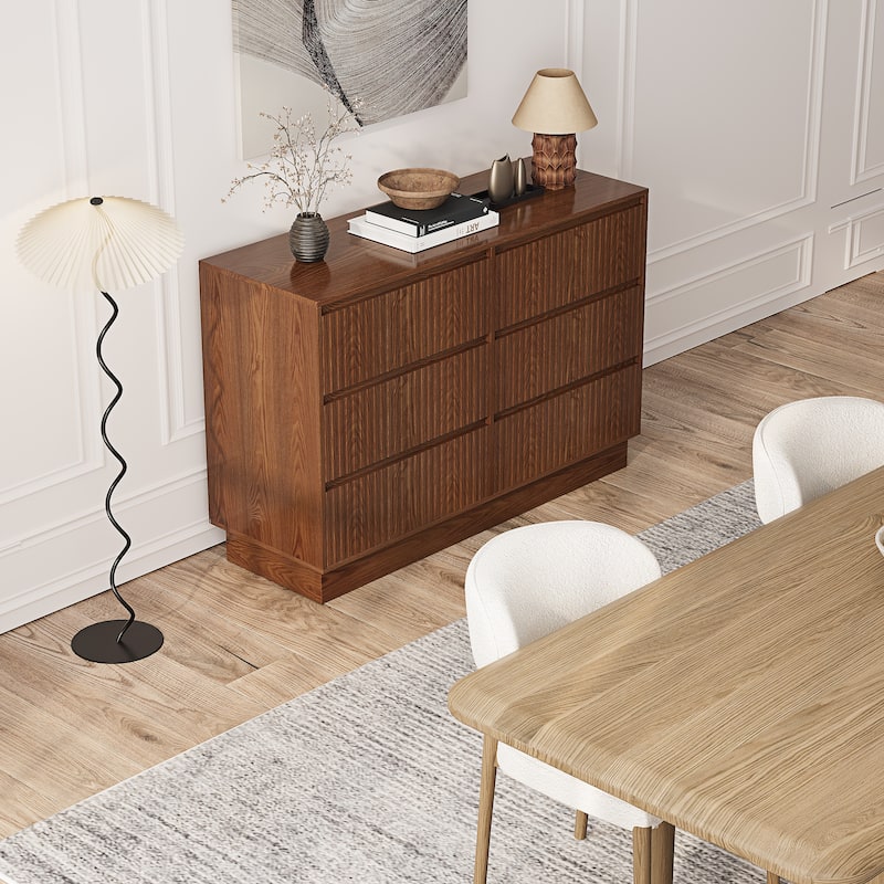 6 Drawers 47.3'' W Double Dresser With Walnut Waveform Fluted Panel Versatile Storage