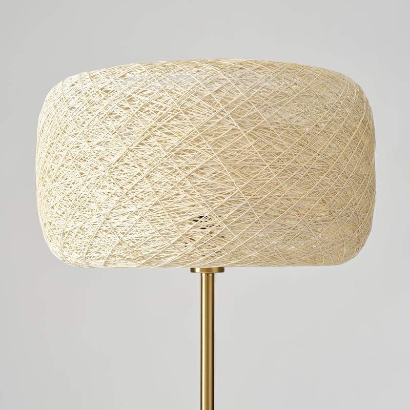 Brightech Rowan 66 in. Antique Brass Mid-Century Modern LED Super Bright Floor Lamp with Beige Twine Drum Shade