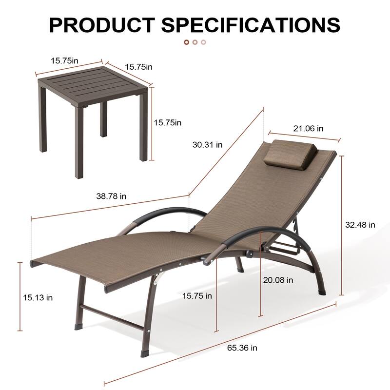 3-piece Outdoor Adjustable Aluminum Reclining Chaise Lounge Chairs with Wheels and Side Table Set