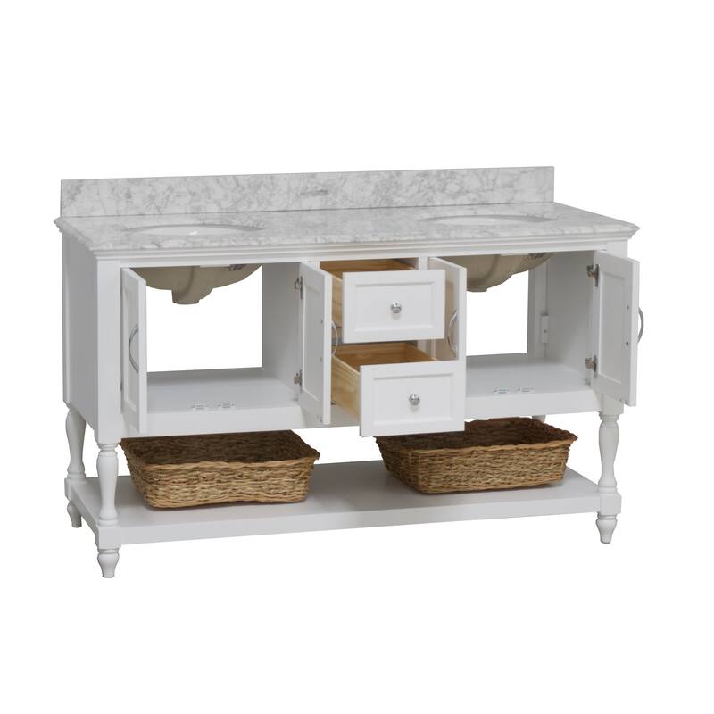 KitchenBathCollection Beverly 60" Double Bathroom Vanity with Carrara Marble Top - White