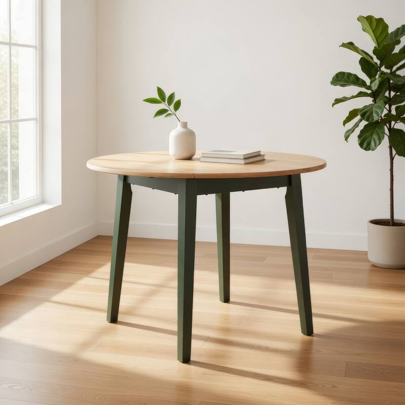 Gasy Dining Table, Extendable 26-42 Inch, Dark Green Wood, 2 Leaves