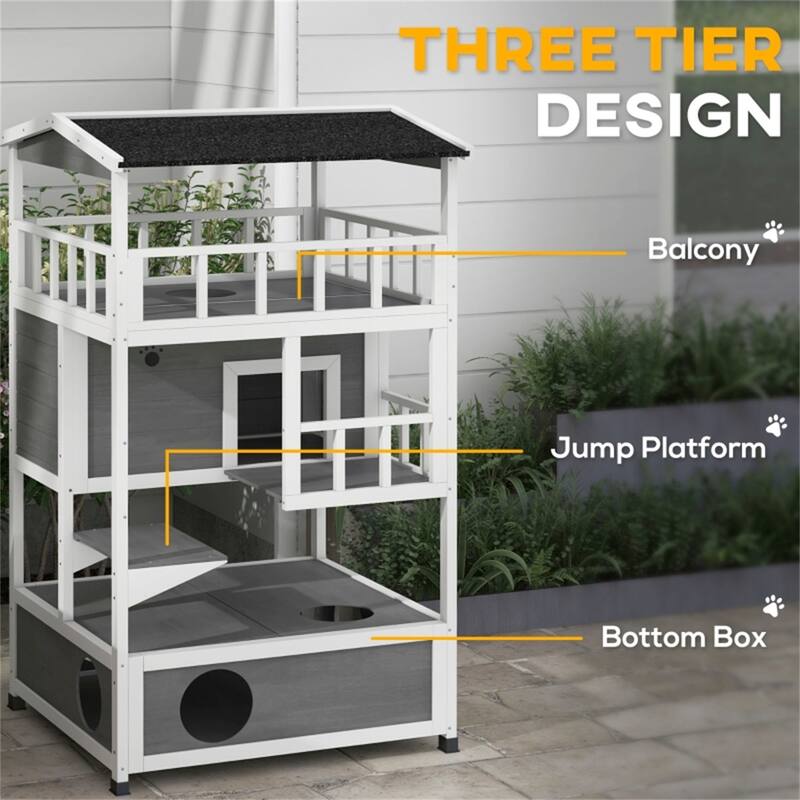 Pet Stairs & Cat Climbing Tower - Solid Fir Wood, Waterproof, Escape Door, Removable Board - 29.75" L x 29.5" W x 54" H