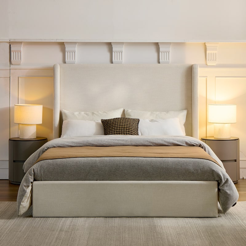 Queen Size Upholstered Wingback Bed with 54" Tall Headboard and Noiseless Metal Frame