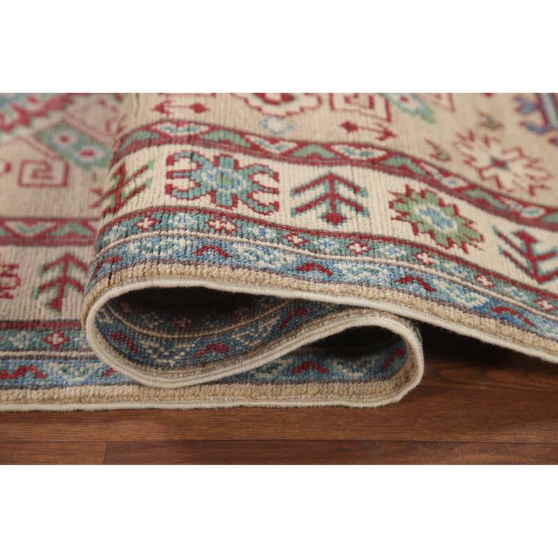Hand Knotted Oriental 100% Wool Carpet Traditional Geometric Beige & Ivories Kazak Runner Rug - 12' 9'' X 2' 9''