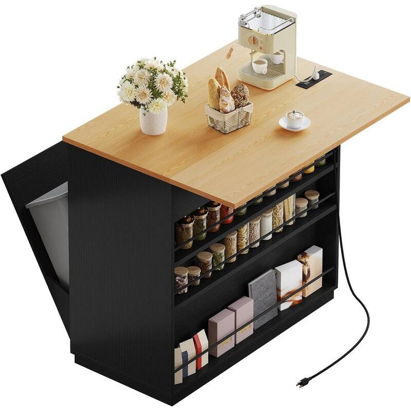 Moasis 39" Kitchen Island Kitchen Storage with Power Socket and Tilt Out Trash Bin Storage Cabinet