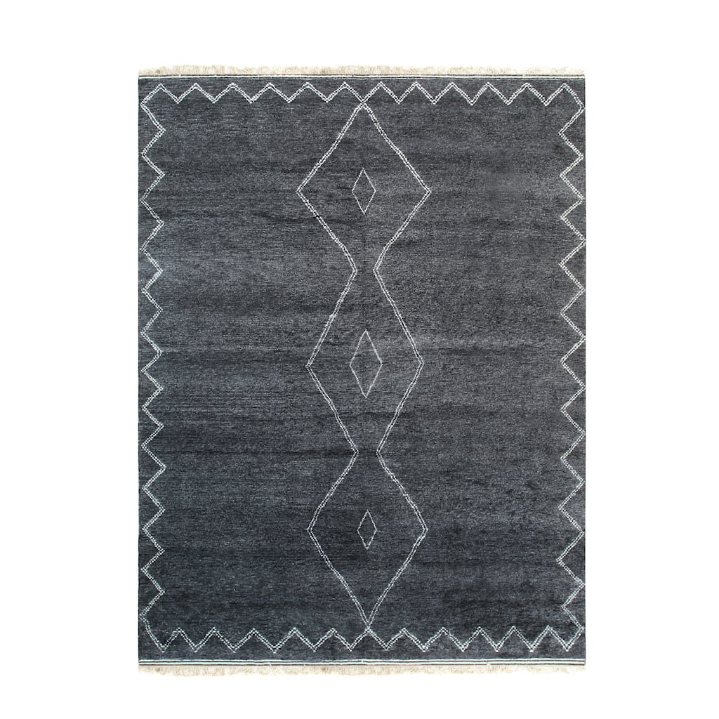 Charcoal Hand Knotted Wool Contemporary Rug 5' x 8' - Folk Art Style Stain Resistant High Quality - N/A