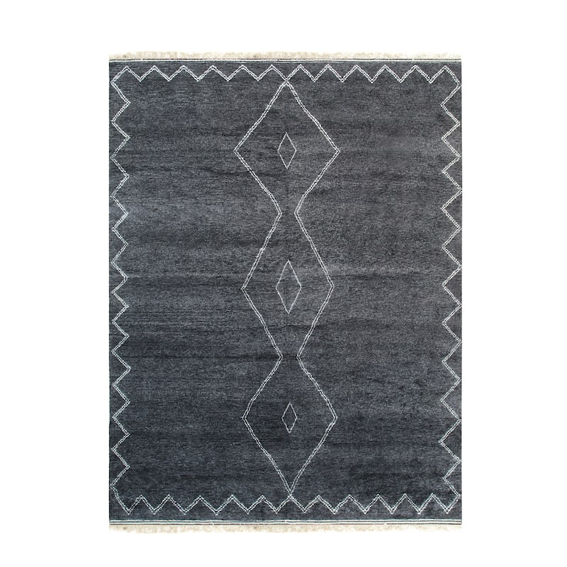 Charcoal Hand Knotted Wool Contemporary Rug 5' x 8' - Folk Art Style Stain Resistant High Quality - N/A