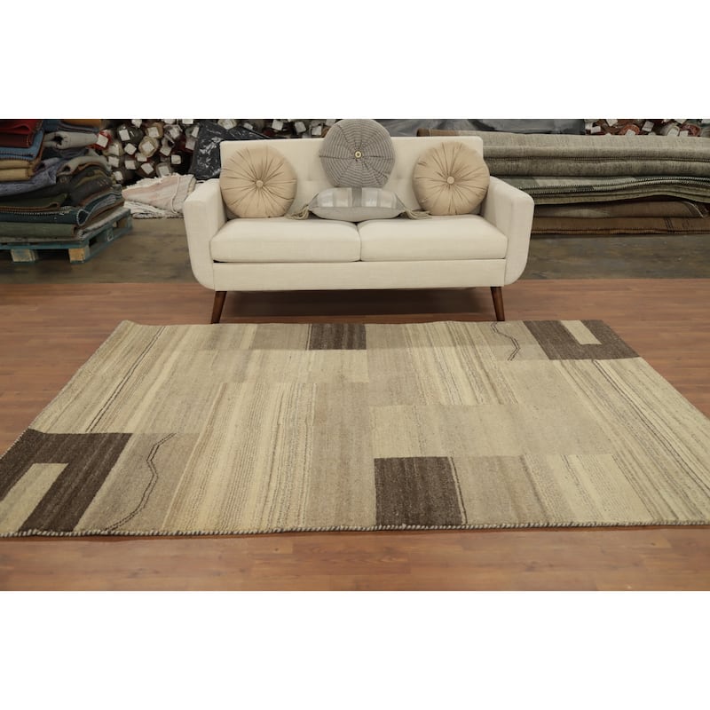 Hand Knotted Oriental 100% Wool Carpet Modern Geometric Beige & Ivories Gabbeh Area Rug - 7' 9'' X 5' 4''
