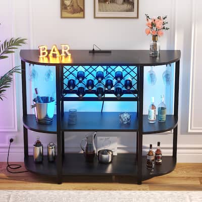 4-Tier Wine Bar Cabinet with Outlet and LED Light,Freestanding Bar Table with Glass Holder and Wine Storage