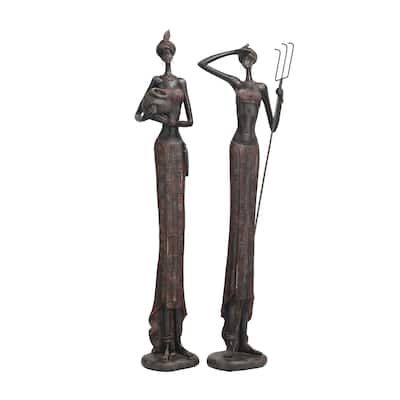 Polystone People Handmade Tall African Women Decorative Sculpture with Carved Dresswear - Set of 2 Red - Roche River Decor