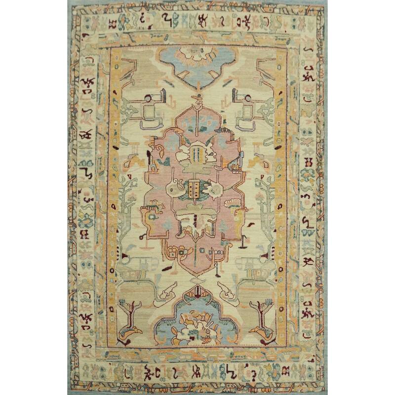 Vegetable Dye Wool Oushak Turkish Area Rug, Medallion Geometric Carpet - 11' 11'' X 9' 0''
