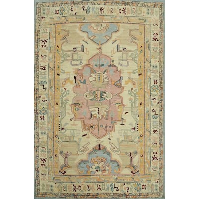 Vegetable Dye Wool Oushak Turkish Area Rug, Medallion Geometric Carpet - 11' 11'' X 9' 0''