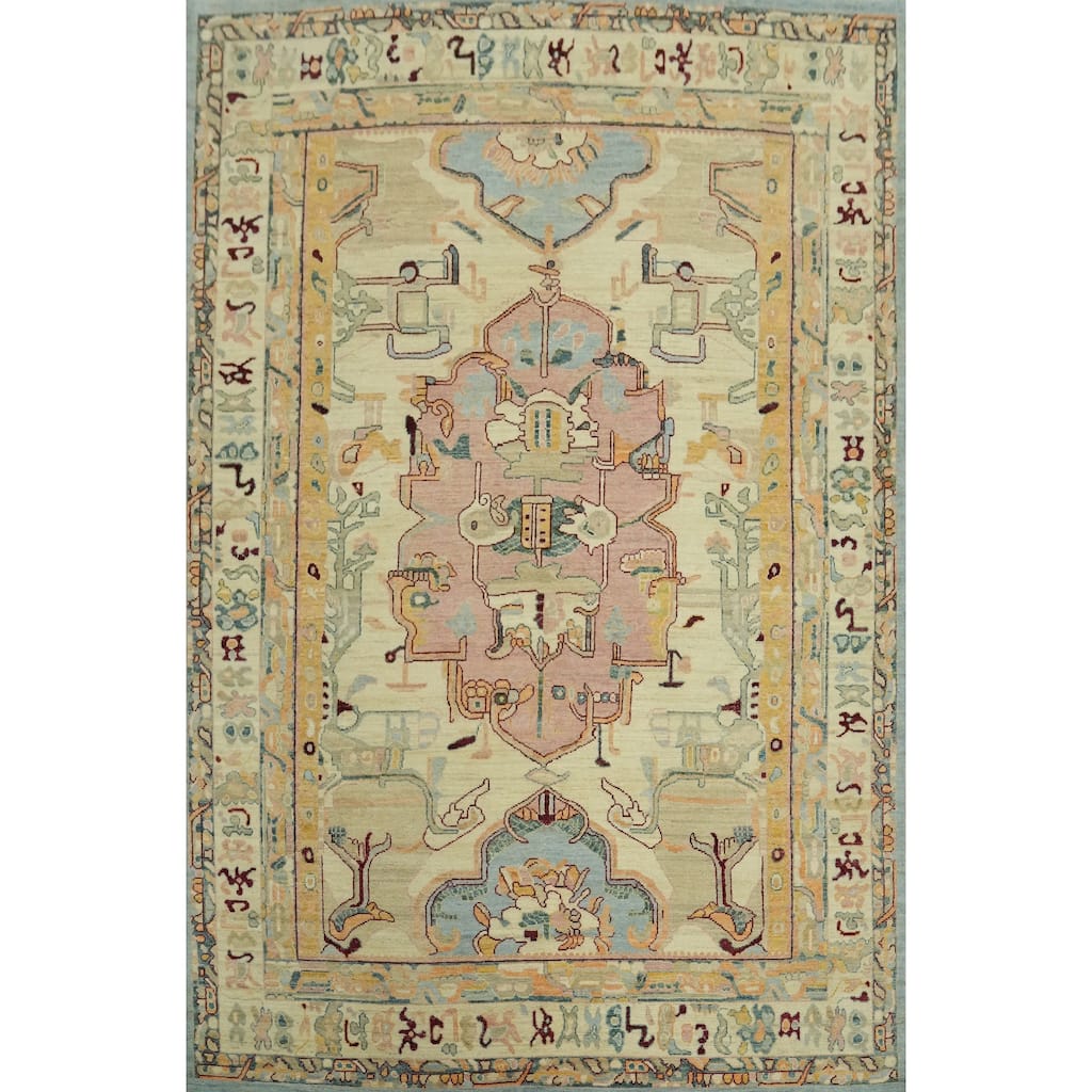 Vegetable Dye Wool Oushak Turkish Area Rug, Medallion Geometric Carpet - 11' 11'' X 9' 0''