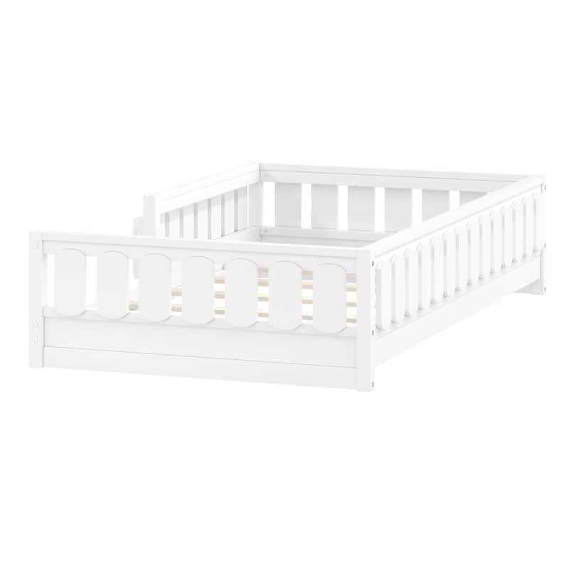 Kid Wood Platform Storage Bed Montessori Toddler Floor Bed Children Daybed with Guardrail and Side Creativity Storage Shelves