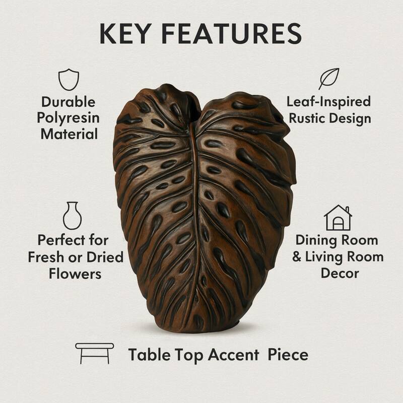 Philo Leaf Brown Textured Polyresin Vase with Botanical Design Accents