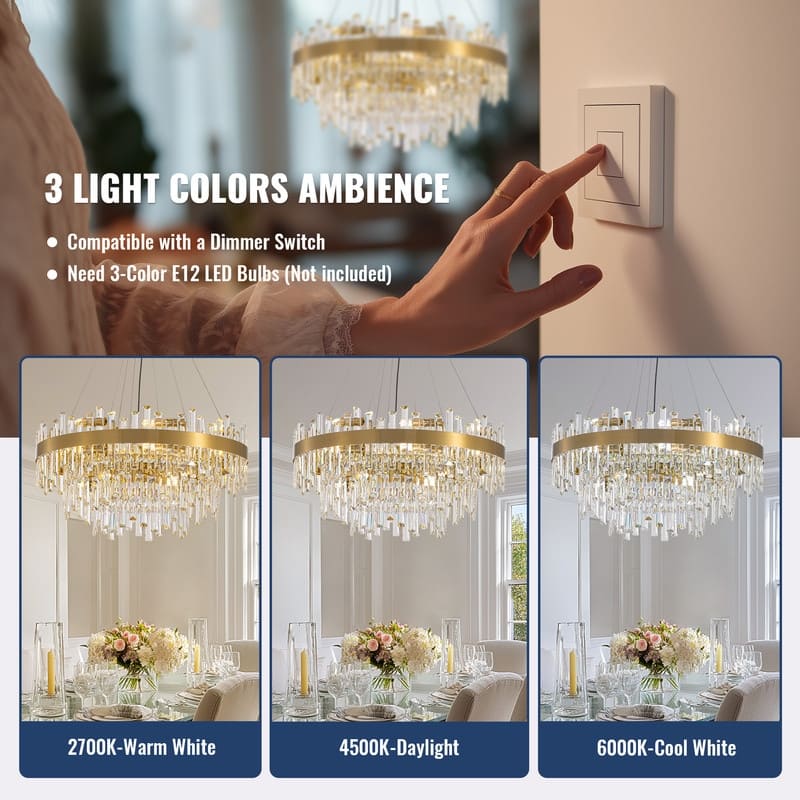 32 in. 4-Tier Modern Crystal Chandelier Brass Gold Round Crystal Raindrop Chandelier Contemporary Pendant Light for Dining Room