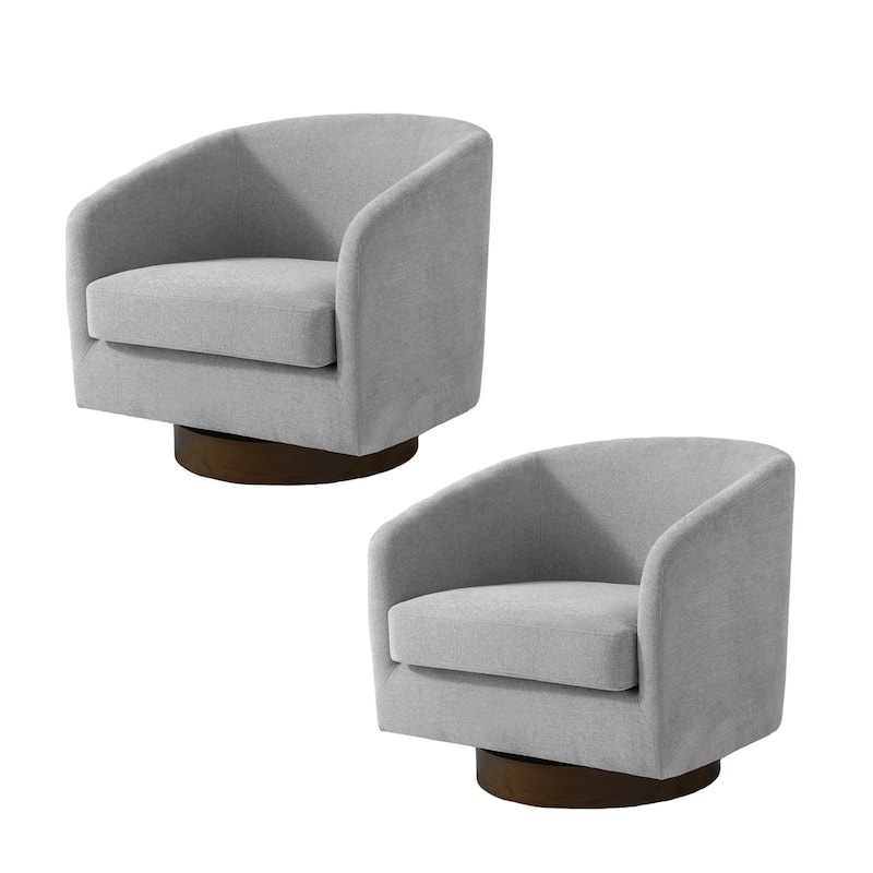 Faux Leather Wide Seat Swivel Barrel Chair - 2 Set/Brown Base - Light Gray/Chenille