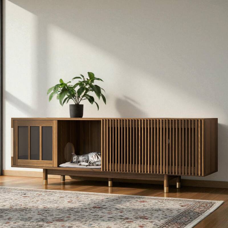 74 Inch Mid-Century Walnut TV Stand with Sliding Glass Door and Cat Scratcher Board, Pet Friendly Storage Cabinet