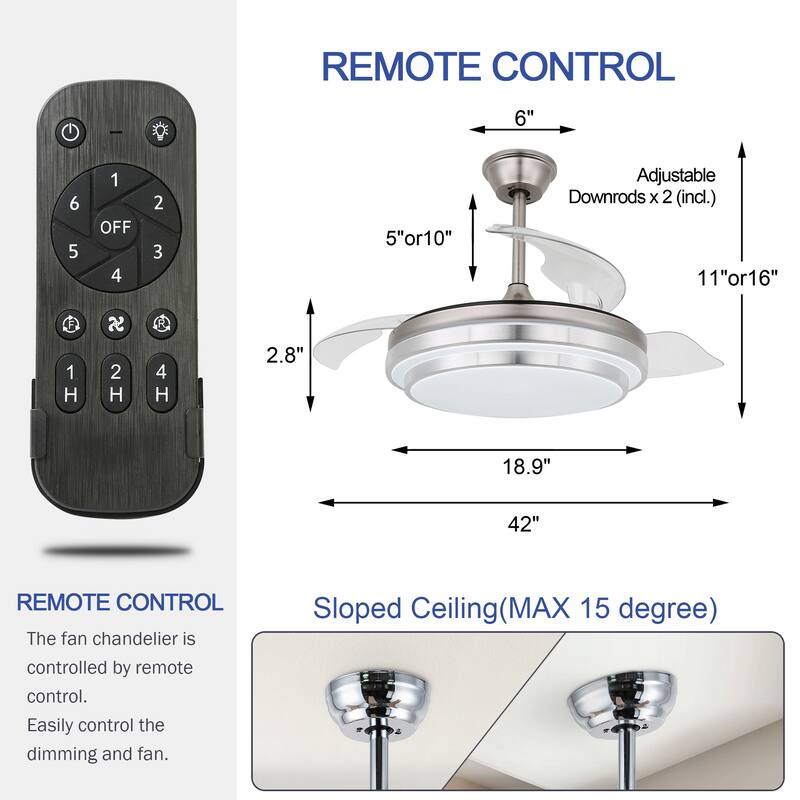 42" Ceiling Fan Light Kit Included with Retractable Blades,6 Fan speed 3 Light Tone with Remote Control - 42 Inches