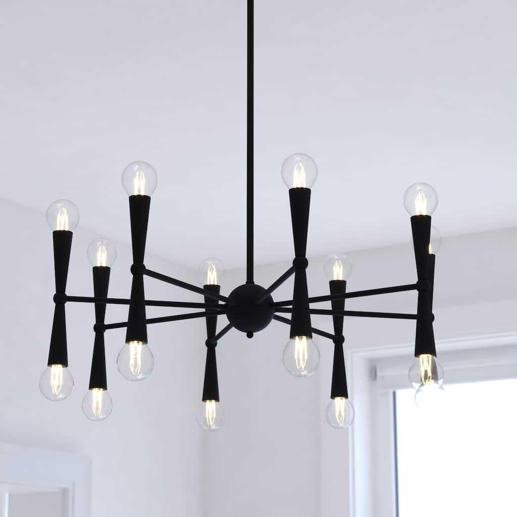 Drake 16-Light 29 in. Wide Matte Black Mid-Century Modern Chandelier, Adjustable Height Hanging Ceiling Pendant Fixture