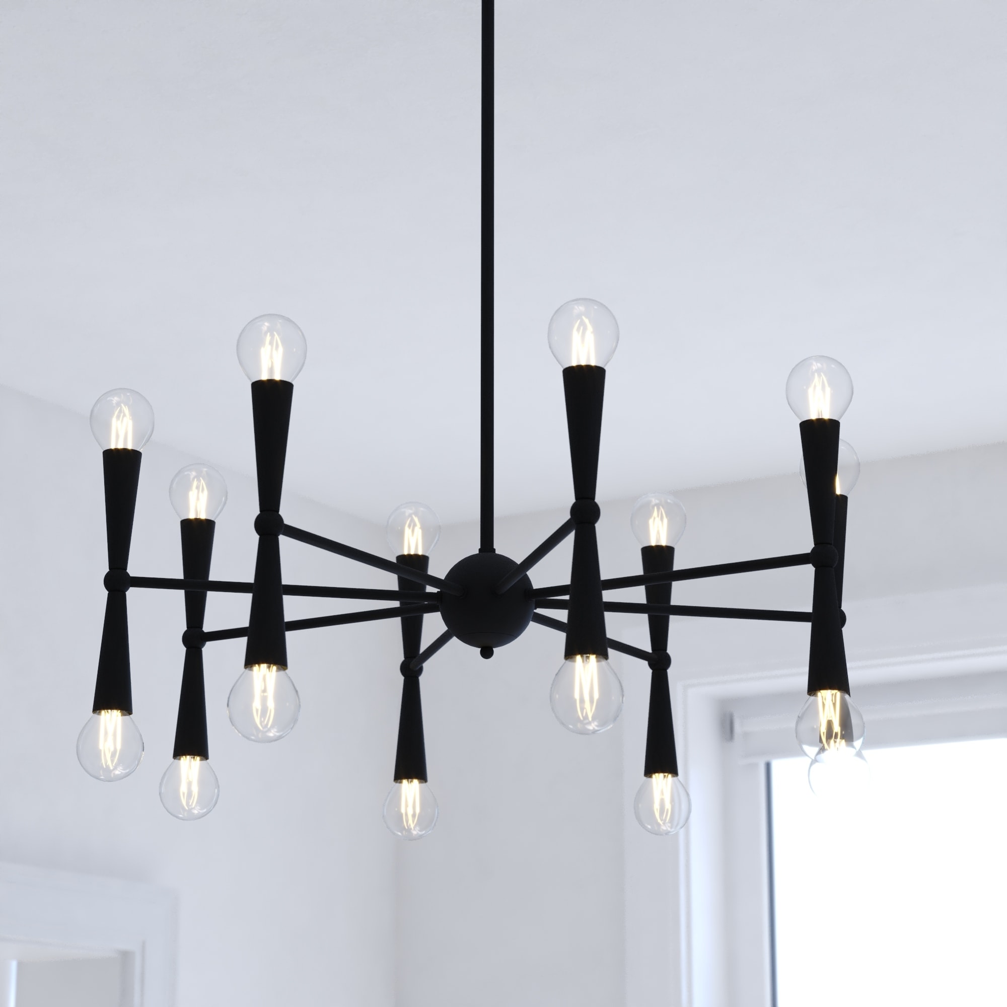 VAXCEL Drake 16-Light 29 in. Wide Matte Black Mid-Century Modern Chandelier, Adjustable Height Hanging Ceiling Pendant Fixture