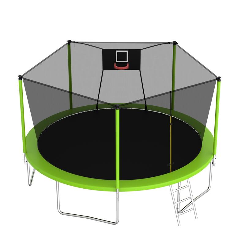 14FT Outdoor Trampoline with Safety Net and Ladder, Heavy Duty Fitness Trampoline for Kids and Adults - Green - 14FT