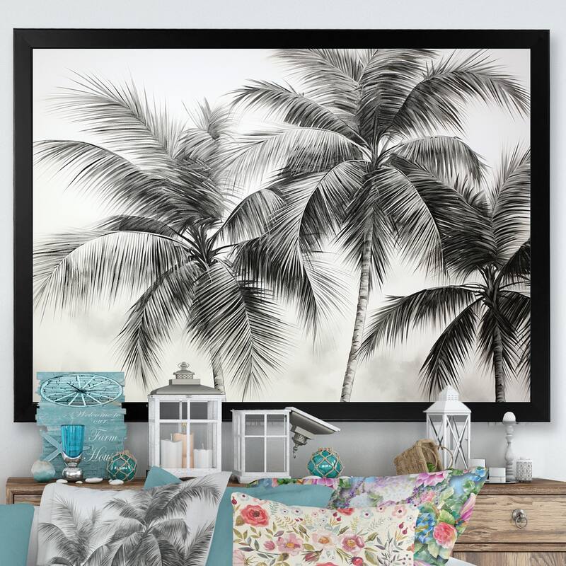 Designart "Palm Tree Desert Oasis II" Palms & Palm Trees Framed Canvas Art Print - 32 in. wide x 24 in. high - Black