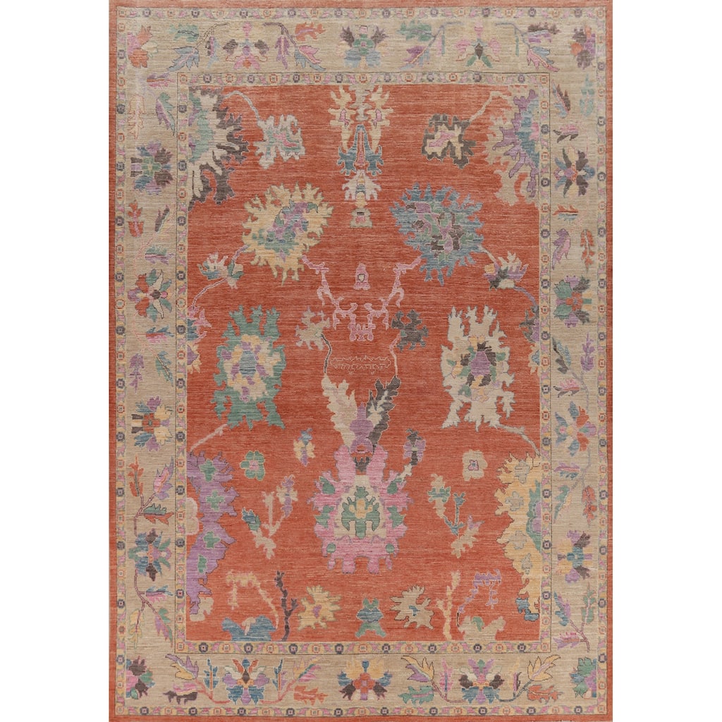 Hand Knotted Oriental 100% Wool Carpet Transitional All-Over Oranges & Rust Oushak Area Rug - 11' 9'' X 9' 4''