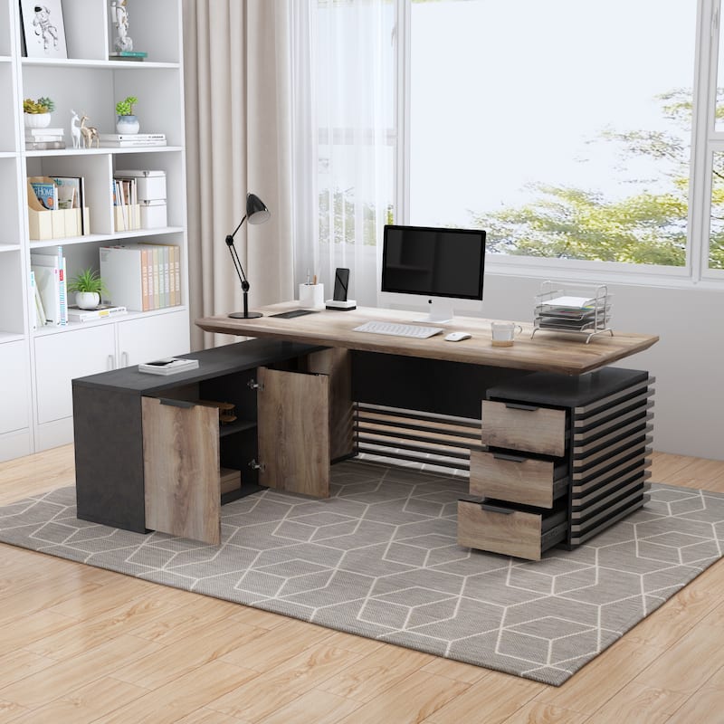 Adjustable Height Executive L Shaped Standing Desk w/ Cable Box Drawers Cabinets
