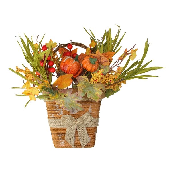 Fall leaves and Burlap Bow Artificial Wall Mounted Thanksgiving Basket - 18-Inch - N/A
