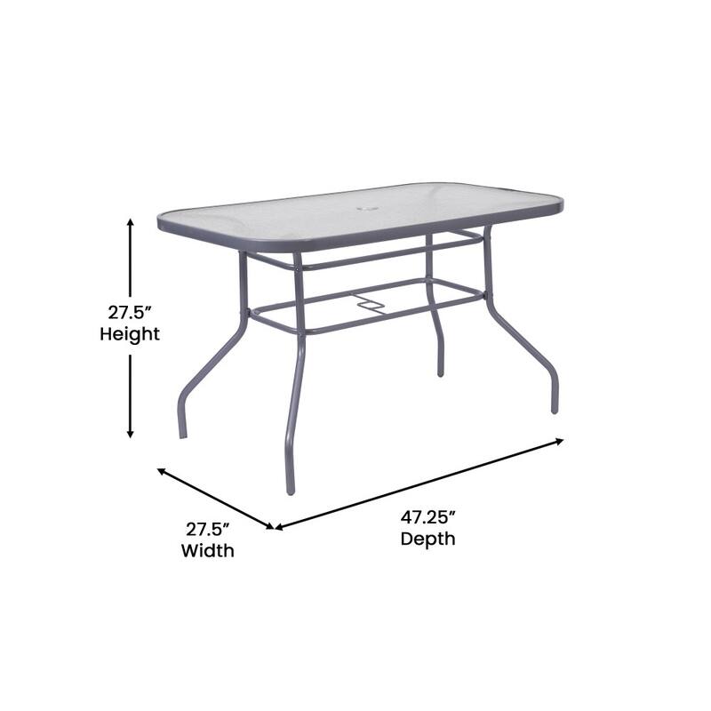 Commercial Tempered Glass and Steel Patio Table with Umbrella Hole - N/A