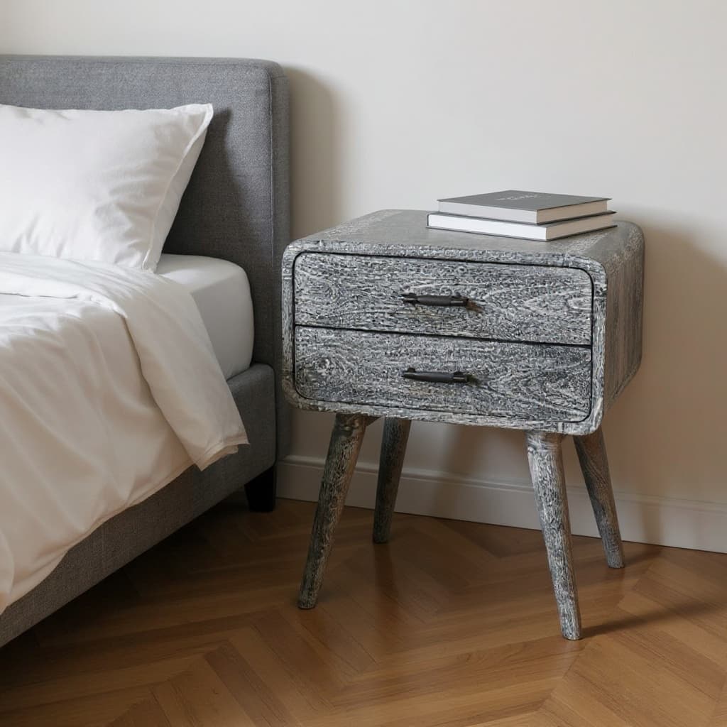 HomeRoots 22" Gray Solid Wood Distressed Two Drawer Nightstand