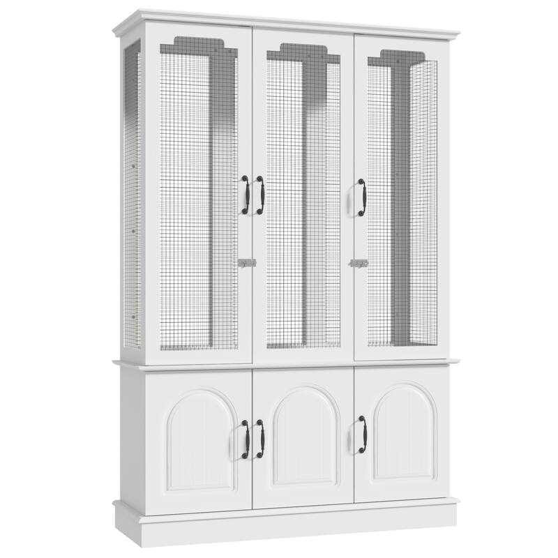 Indoor Bird Cage Cabinet with Storage Base, White Wooden Aviary with DIY Wire Mesh & Food Organizer