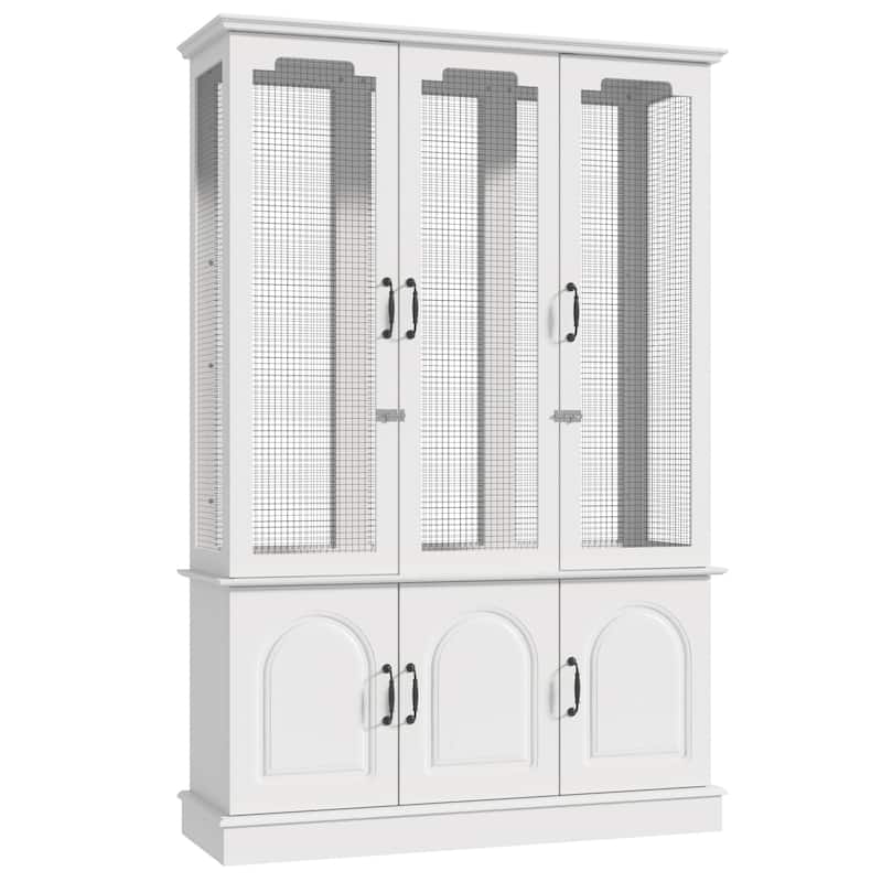 Large Wooden Bird Cage Cabinet with Storage, White Aviary Hutch with Black Metal Mesh, Tall Indoor Parrot Cage Furniture