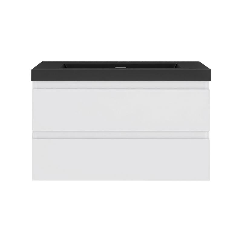 24/30/36 inch Wall-Mounted Bathroom Vanity Set in White with Integrated Black Resin Sink