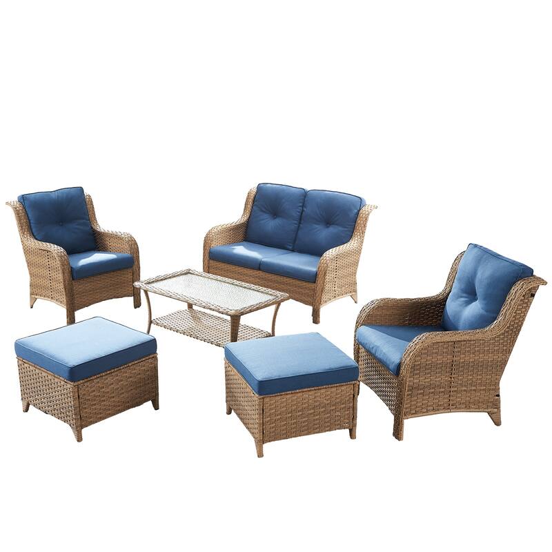 Pocassy 6 Pieces Outdoor 2-Seat Sofa Chairs Table Ottoman