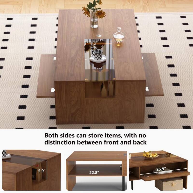 51.1" Wooden Coffee Table with LED Lights, Storage Shelves & Flip-Top - 51.1"Wx27.5"Dx15.8"H