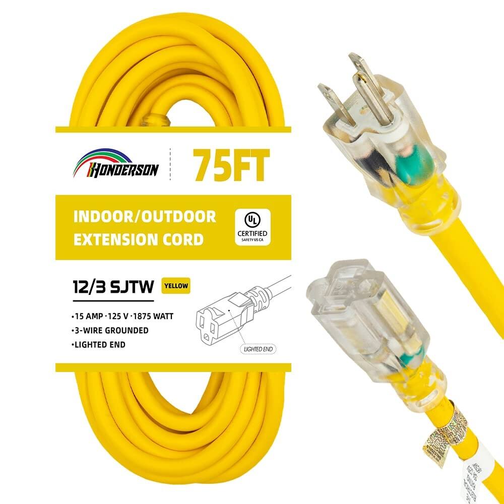 75FT 12/3 Lighted Outdoor Extension Cord - 12 Gauge SJTW Heavy Duty Yellow Extension Cable with 3 Prong Grounded Plug
