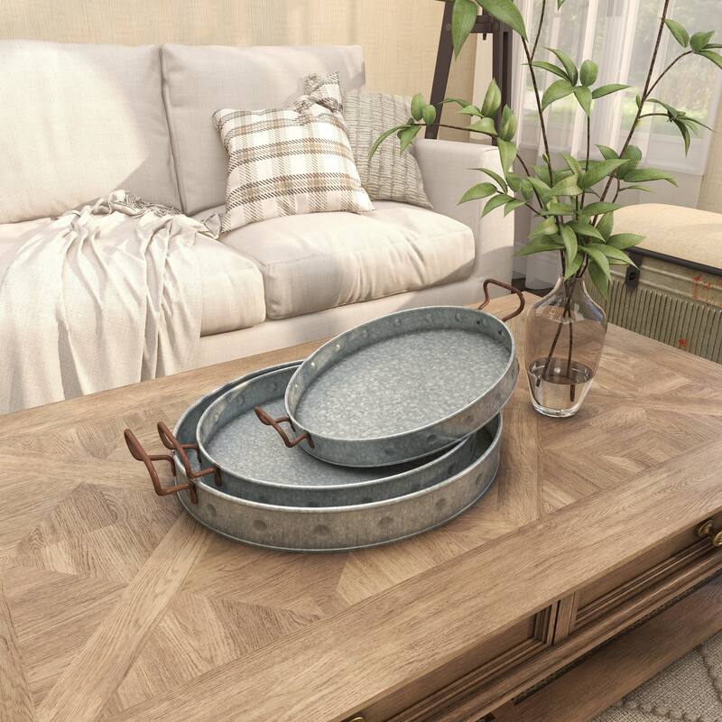 Gray Metal Galvanized Oval Living Room Decor Tray with Rust Handles (Set of 3)
