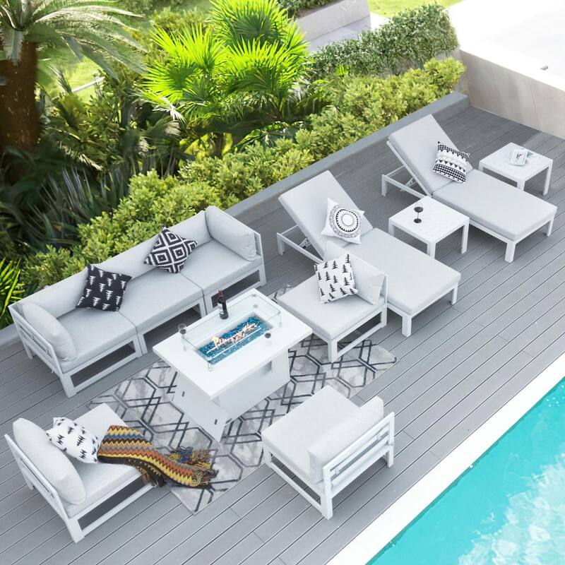 11-Piece Luxury Aluminum Outdoor Furniture Set with Chaise Lounge & Fire Pit Table, 29" Deep Seating Aluminum Patio Sectional - Light Gray - White Frame