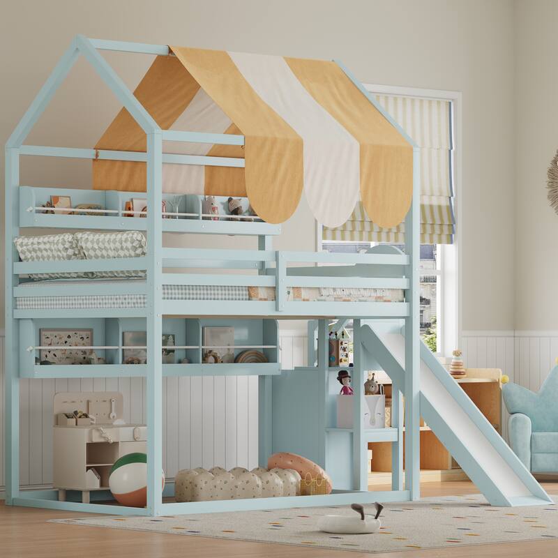 Fairytale Full Size House-shaped Loft Bed with Striped Fabric Canopy, Fun Slide Design and Built-in Bookshelves