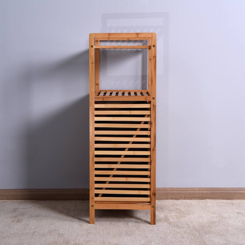 Bathroom Laundry Basket Bamboo Storage Basket with 2-tier Shelf