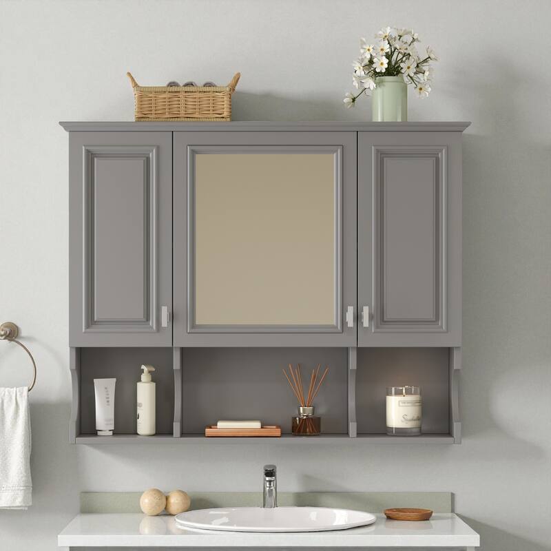 35 Inch Bathroom Mirror Cabinet, Wall Mounted Medicine Cabinet with 3 Doors and Open Shelves, Modern Storage Organizer - Grey