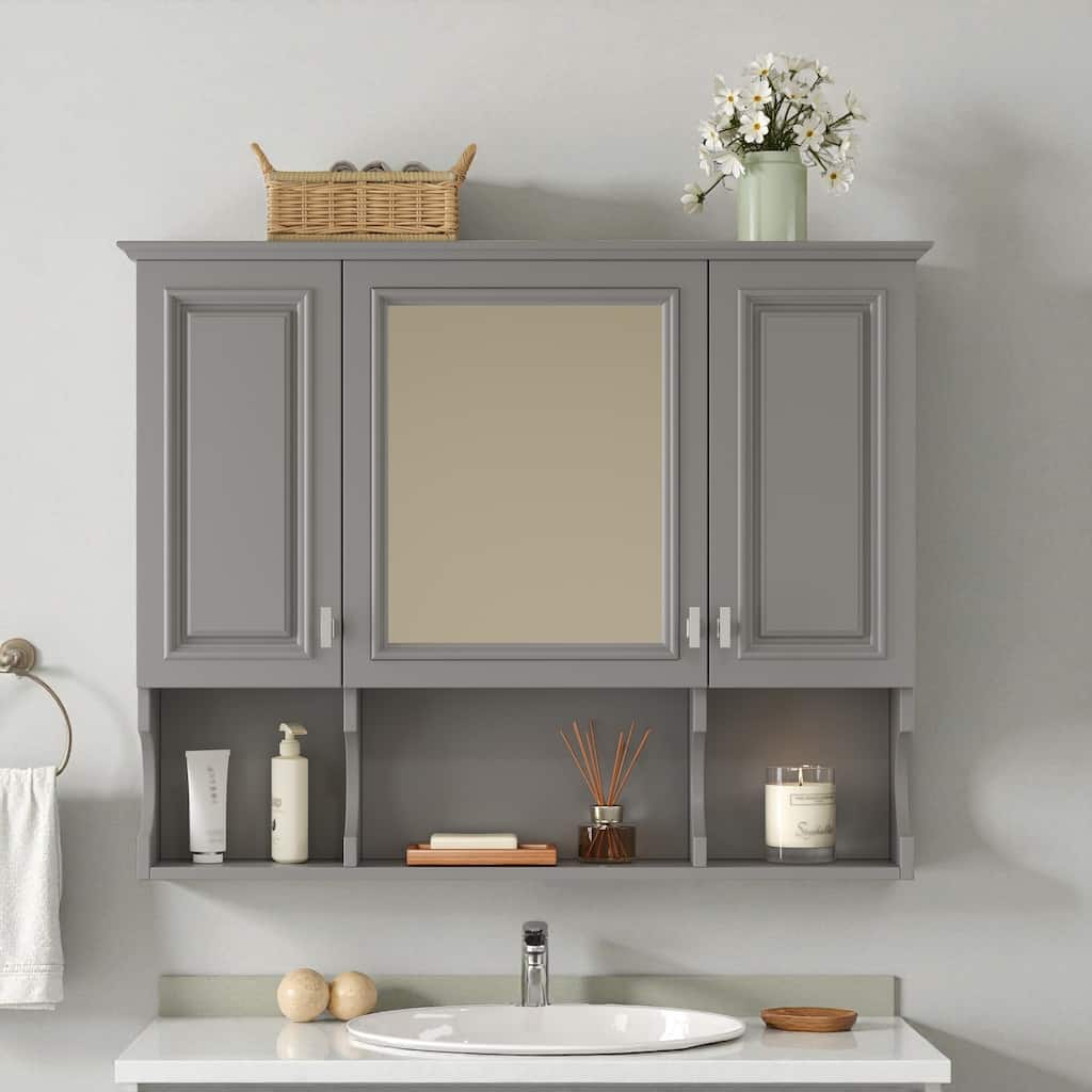 35 Inch Bathroom Mirror Cabinet, Wall Mounted Medicine Cabinet with 3 Doors and Open Shelves, Modern Storage Organizer
