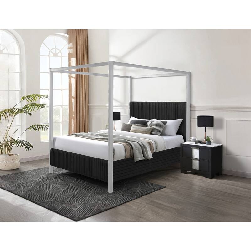 Modern Canopy Queen Bed with Upholstered Headboard and Vertical Channeling